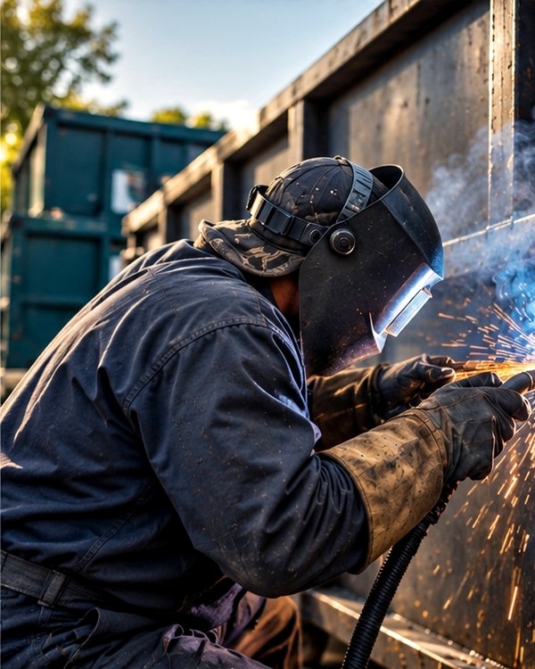 Technician welding a metal waste container